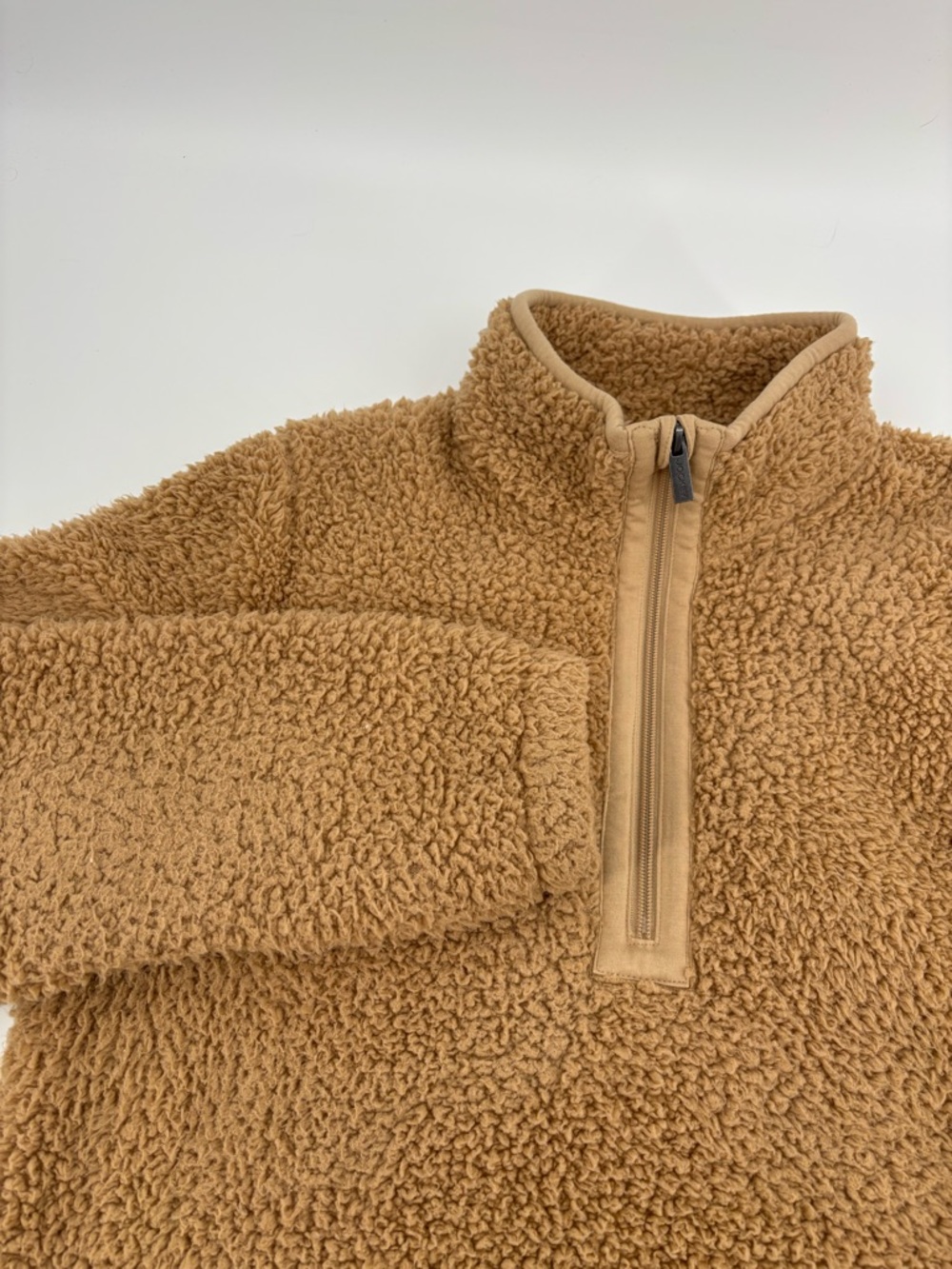 JOCKEY Sherpa Fleece‎ Pullover Women XL Tan Camel Teddy 1/4 Zip Sweater Pockets